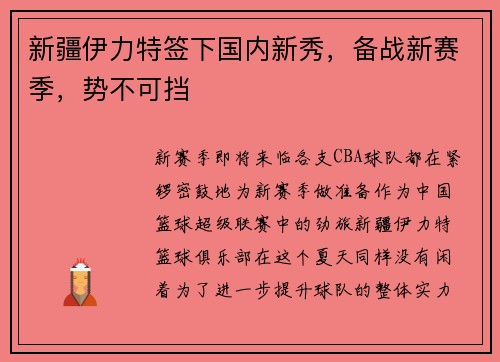 新疆伊力特签下国内新秀，备战新赛季，势不可挡