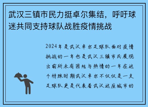 武汉三镇市民力挺卓尔集结，呼吁球迷共同支持球队战胜疫情挑战